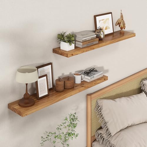 Axeman Floating Shelves for Wall - 40''W x 8'' D Rustic Solid Elm Wood Shelves for Storage, Wall Mounted Display Shelving with Invisible Heavy-Duty Metal Bracket (Natural, 2PCs) - color: Natural Elm With Flat Edge, size: 40 inches - 2P