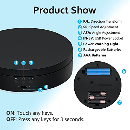 Mcbazel 360 Degree Rotating Display Stand, 5.4 Inch Motorized Spinning Platform, Electric Lazy Susan, Turntable Table Base for Photography, Jewelry, Watch, Cup - Max Load 3kg, Black - color: Black+5.4inch