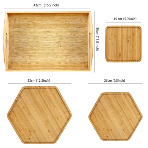Bamboo Serving Trays Dinner Plates Cheese Board 16.5"x11.8"(42x30cm with Handle, Set Includes 1xHexagon 12.5"(32cm)+1xHexagon 9.8"(25cm)+1xSquare 5.9"(15cm) Plates for Family Dinner - color: 2hexagon+1square