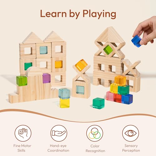Woodtoe Wooden Rainbow Building Blocks Set for Toddlers, 22 PCS Wooden Blocks & 25 PCS Gem Cubes Stacking Blocks, Montessori Stacking Toys, Educational STEM Birthday Toys Gifts for Kid Boy Girl 3-6 - style: Rainbow Building Blocks Set