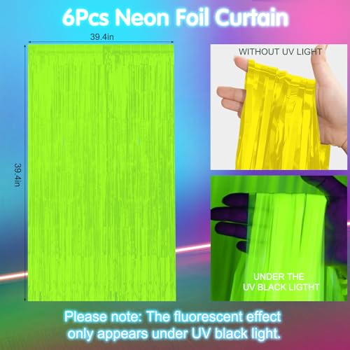 6 Pack 3.3Ft x 6.6Ft Yellow Glow in The Dark Foil Fringe Curtain Backdrop Party Supplies, Fluorescent Macaron Metallic Tinsel Foil Streamers Curtain Photo Booth for Neon Birthday Party Decorations - color: Glow in The Dark-Yellow