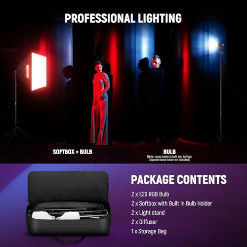 NEEWER 2 Pack 520W Equivalent RGB Softbox Lighting Kit with App Control & 9 Effects, 26W LED Bulbs CRI93+ TLCI98+, E26 Porcelain Sockets, 24" Softboxes for Studio Photography Lighting, NK800