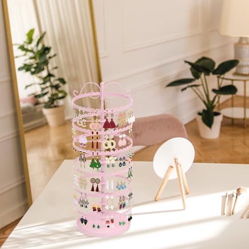 MODOWEY 6 Tier Rotating Earring Holder Organizer Stand, Adjustable Metal Display Tree Rack for Women, 480 Hole and Groove Large Storage for Pierced Stud Dangle Hoop, Compact for Small Dresser, Pink - color: Pink, size: 6-Tier