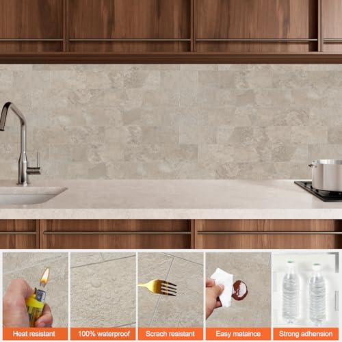 10 Sheet Stone Beige Peel and Stick Backsplash, 12โโLuxury Ceramic Look Self Stick Subway Tiles, Waterproof Peel and Stick Wall Tiles for Kitchen and Bathrrom - color: Stone Beige