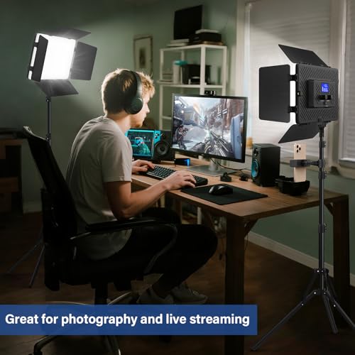 2 Pack Led Video Light Kit with Stand, Kmasic Photography Light Panel Built-in 8000mAh & LCD Display, 2200Lux 2500K-8500K Soft Studio Light for Video Recording Game Live Streaming YouTube TikTok