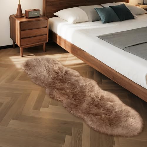 Goolela Faux Sheepskin Fur Runner Rug Light Brown Beige Fluffy Bedside Rug for Bedroom 2x6 Furry Fuzzy Rug Runner Washable Playroom Office Sheepskin - color: Beige, size: 2' x 6' (Sheepskin)