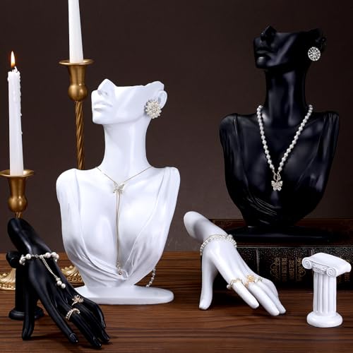 Yalikop 4 Pack Resin Jewelry Mannequin Display Set Necklace Earring Display Stand and Female Mannequin Hand Ring Bracelet Holder Bust Organizer Black White for Shows Selling Home Decor (Elegant) - color: Elegant