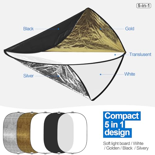 WELLMAKING 5x6.5feet/1.5x2M Reflector Photography, Collapsible Light Reflector with Threaded Handle & tilt Adapter, 5 in 1 Handle Reflector for Lighting -Translucent, Silver, Gold, White and Black - color: 5-in-1 (Translucent, Silver, Gold, White, Black),