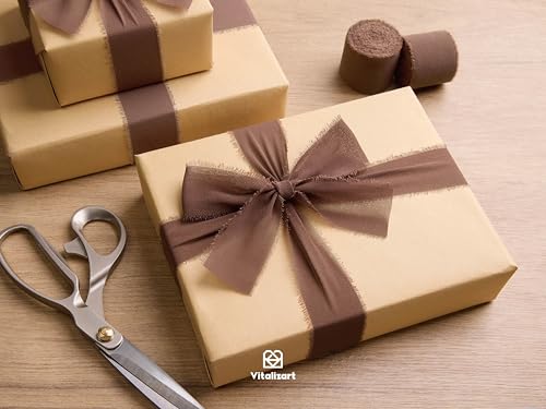 Vitalizart Brown Chiffon Silk Ribbon 1" x 21 Yd Fringe Fabric Package (3 Rolls * 7 Yd) for Wedding Invitations Bridal Bouquets Decorations Gifts Wrapping & Bow Making - color: brown