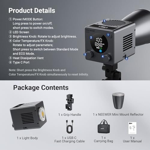 NEEWER 60W Mini LED Video Light with 50Wh Battery/100W PD Fast Charging, APP/2.4G Control/NFC, Bi Color Dimmable COB Studio Continuous Output Lighting 44,800 lux/1m 2700-6500K CRI97+ 12 Scenes, HB60B