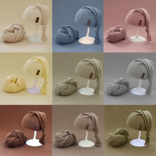 Newborn Photography Props Swaddle Wraps with Hats for Baby Boys Girls Photo Props Shoot Newborn Waffle Texture Knit Blanket (Green) - color: Green