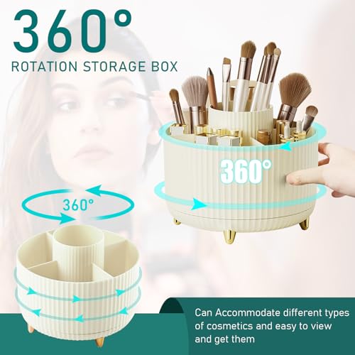 Diesisa Makeup Brush Holder Organizer,360° Rotating Makeup Brush Organizer,5 Slot Make up Brushes Cup for Cosmetics, Nail Polish, Art Supply, Bathroom Vanity Desktop Organizer - Cream - color: Cream