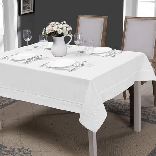 Simple&Opulence Premium 100% Linen Hemstitch Tablecloth-54 x 72 Inch White, Natural Fabric, Rectangular Tablecloth for Indoor and Outdoor Use - color: White, size: 54" x 72" (Rectangular)