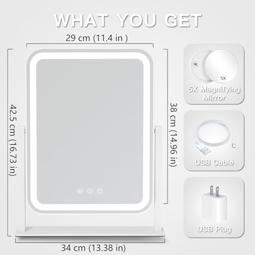 HIEEY Vanity Mirror with Lights, 17.4'' x 13'' Makeup Mirror with Lights, Three Color Lighting Modes, and 5X Magnification Mirror, Smart Touch Control, 360°Rotation (White,Gift Box) - style: 17.4'' x 13'' (96 LED)