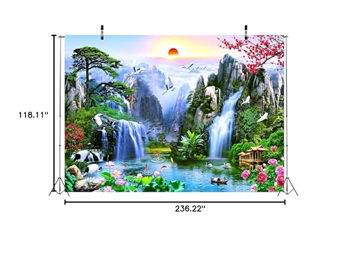 BELECO 20x10ft Fabric Fairyland Mountain Lake Photography Backdrop Waterfalls Swans Fish Flowers Dreamy Natural Landscape Painting Background Wall Murals Home Decor Kids Adults Portrait Photoshoot - size: 20x10ft