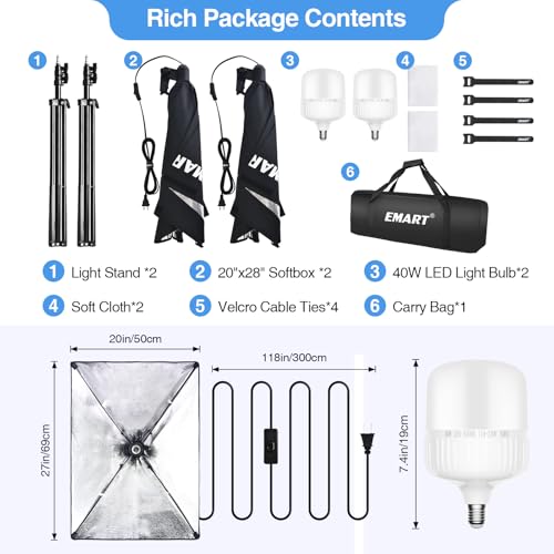 EMART Softbox Photography Lighting Kit, 20"x28" Professional Softbox Lighting Kit with 6500K LED Bulbs, Studio Lights for Photography, Video Recording, Live Streaming, Portraits Shooting, Podcast