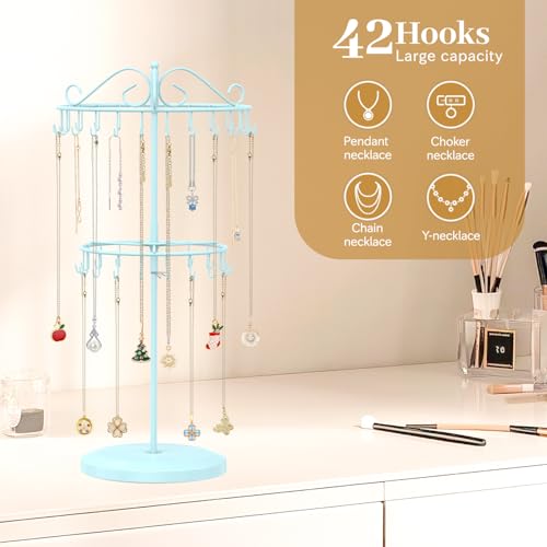 MODOWEY Rotating Necklace Holder Organizer Display Stand with 42 Hooks, 2 Tier Adjustable Metal Tree for Long Necklace Hanger Selling, Tall Spinning Bracelet Storage Rack for Men Women, Blue - color: Blue, size: 2 Tier