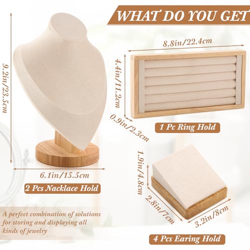 RattanView 7 Pcs Jewelry Display Set for Vendors Velvet Necklace Bust Display Stand Earring Ring Organizer for Craft Shows, Trunk Shows(Beige) - color: Beige