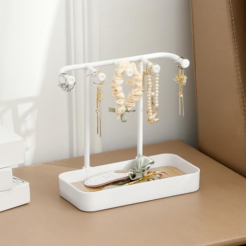 esowemsn 1PC White Desktop Jewelry Organizer Stand Earring Holder Keychain Bracelet Holder with Wooden Tray 5 Hooks Necklaces Hanging for Necklaces,Bracelets,Chains,Rings,Earrings,Keys - color: White