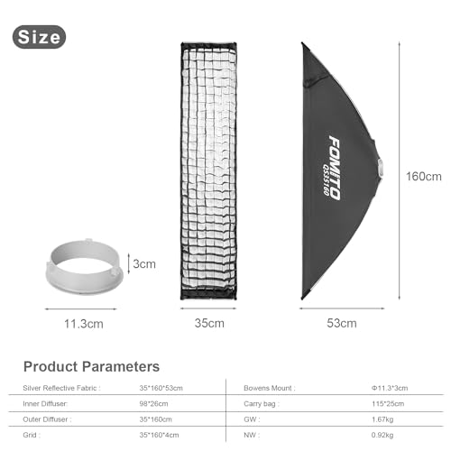 FOMITO 14"x63"/35x160cm Rectangular Softbox, Quick Release Bowens Mount Softbox with Honeycomb Grid, Light Diffusers, Bag for Godox SL-60W SL60IID SL150R SL300R Aputure 120d etc - color: 14*63inch/35*160cm
