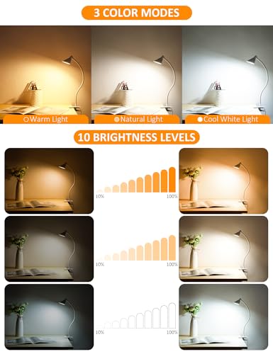 LiFMIRA Desk Lamp Clip on Light USB Reading Light 3 Color Modes 10 Dimmable Brightness Eye Care Clamp Desk Lamp Flexible Gooseneck Book Light for Reading in Bed and Desk - color: White
