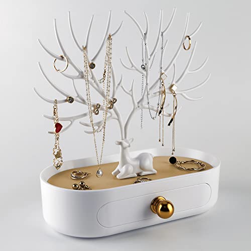 MORE&LESS Antlers Jewelry Display Stand with Aluminium alloy handle, Tree Tower Rack Hanging Organizer for Ring Earrings Necklace Bracelet, Deer Horn Tree Stand with Storage Drawer and Tray - color: B White-Drawer