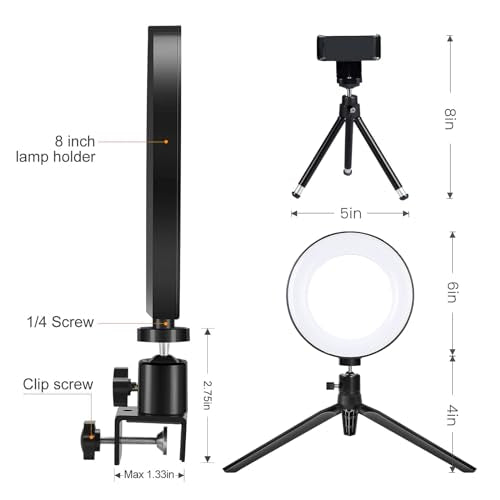 2 in 1 LED 6" Ring Light with Tripod Stand & Clamp for YouTube Video and Makeup, Mini LED Camera Light with Cell Phone Holder Desktop Lamp with 3 Light Modes & 11 Brightness Level - size: 6 inch with Tripod and Clamp