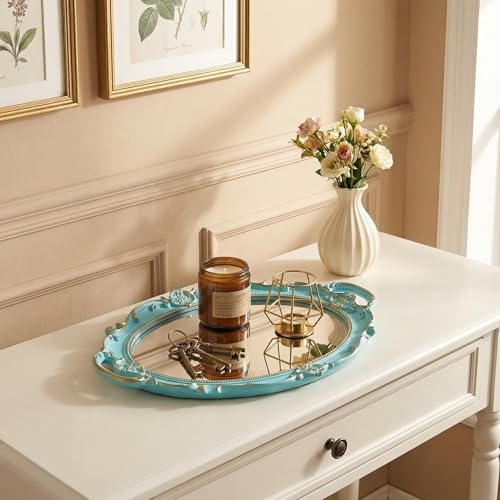 Schones Geschaft Decorative Mirror Tray, Makeup Jewelry Perfume Organizer,Vintage Oval Display and Serving Tray for Bedroom Living-Room Dresser Decor (14.4”x 9.8”) (Blue - Oval) - color: Blue - Oval