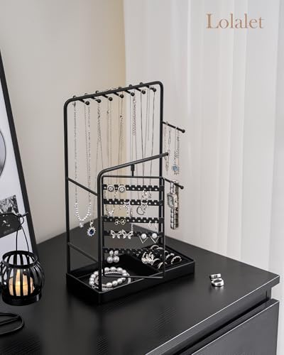 Lolalet Jewelry Organizer Stand, No Assembly Needed Display Storage with Rotating Earring Holder for Room Dorm Decor Necklace Bracelet Rings, Gifts for Mom Women Girls Mother's Day -Black - color: Black