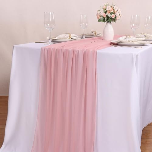 4 Pcs 10FT Dusty Rose Chiffon Table Runners 30x120 Inches Boho Tulle Fabric Sheer Table Runner for Wedding Bridal Baby Shower Birthday Party Decorations - color: Dusty Pink, size: 10FT × 4pcs