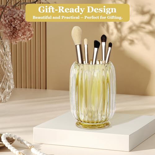 Makeup Brush Holder, Thick Glass Makeup Brush Organizer Cup, 4.8" Tall for Vanity Hair Brush Holder Brushes Storage, Makeup Brush Holder Organizer organizador de brochas de maquillaje Crystal Amber - color: Amber