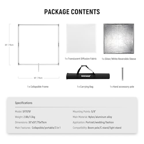 NEEWER Light Diffusion Panel Scrim Kit with Silver/White Reflector Film 30"x30" Foldable Frame with 5/8" Baby Pins Handle for C Stand 3 in 1 Diffuser for Studio Portrait Product Photography, SF7575F - size: 30"x30"