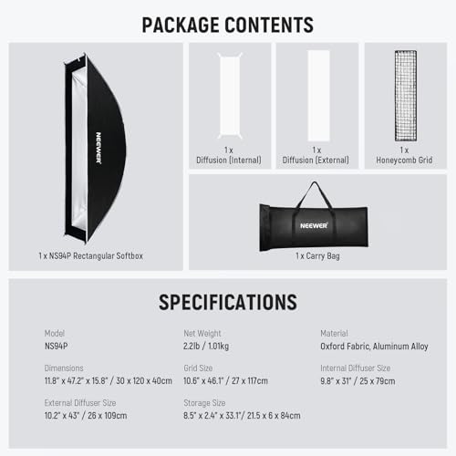 NEEWER Rectangular Softbox Kit, 12"x47" Strip Soft Box with Light Diffusers for Studio Photography Video Recording Streaming Lighting Compatible with Aputure 120d Compatible with Godox SL60w, NS94P