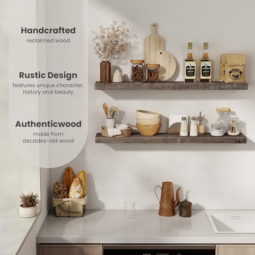 FLYJOE Floating Shelves Reclaimed Barnwood, 8" Deep Solid Wood Floating Shelf Wall Hanging Shelves with Invisible Heavy-Duty Metal Bracket | Wall Mounted | Farmhouse Style | 40 inches,2PCS,Grey - color: Distressed Grey, size: 40inches-2p