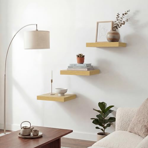 Acovy Floating Shelves for Wall 9 Inch,9.3" Deep Square Floating Shelf Set of 3,Wall Shelves Hanging Shelf with Invisible Brackets,Wall Mounted Shelf for Kitchen Living Room Bedroom Bathroom,Oak - color: Oak, size: 9 Inch,Set of 3