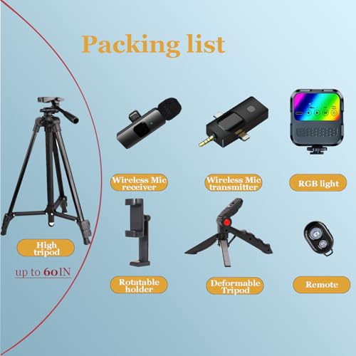 Vlogging Kit for iPhone Andriod Phone, Content Creator Essentials,YouTube Begginer Kit with RotatableHolder/Lavalier Microphone/RGB Light/Remote/Extendable Tripod (60IN Tripod) - size: 60IN Extendable Tripod