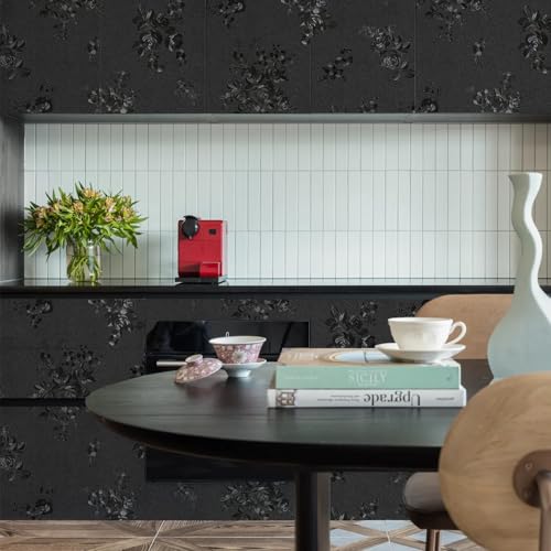 Black Peel and Stick Wallpaper 118inL 17.7inW Black Silk Embossed Floral Contact Paper for Cabinets Drawers Furniture Textured Flower Removable Wallpaper for Kitchen Bathroom Waterproof Thicken - color: Black, size: 17.7" x 118"