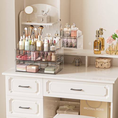 Clear Stackable Makeup Organizer with Drawer, 12''W Acrylic Storage Drawers, Cosmetic Display Case for Vanity Bathroom Countertop, Beauty Holder for Lipstick Brush Skincare Perfume - size: 3 Pack