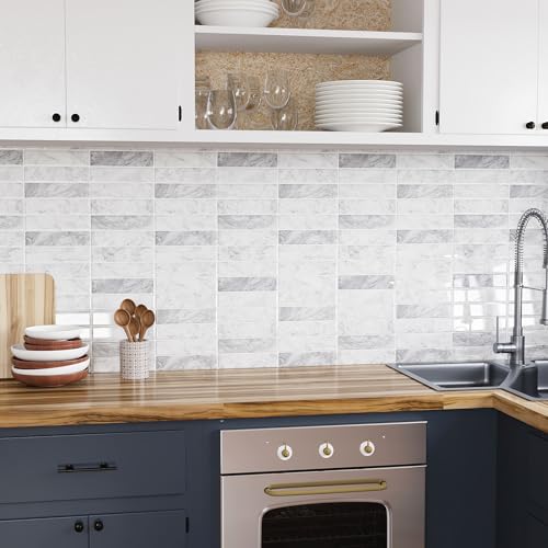 VEELIKE Marble Peel and Stick Backsplash for Kitchen Backsplash Tile Peel and Stick Waterproof Grey Wall Tiles for Bathroom Laundry Room 6 Sheets Renter Friendly Stick on Tile Stickers 12''x12'' - color: Gray, size: Box of 6 Tiles