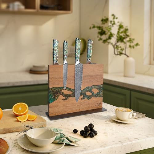 FINDKING Magnetic Knife Block, Double-Sided Knife Holder with Strong Magnets, Acacia Wood and Golden Green Resin, Countertop Kitchen Knife Storage Stand (12 × 10 Inches, Without Knives) - color: Golden Green
