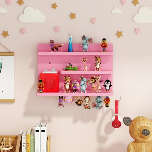 for Tonies Shelf Magnetic - Tonies Figure Organizer for Kids Room, Wooden Magnetic Display Shelf for Tonies Box Holder, Wall Floating Shelves Toy Storage Compatible Charging Station (3 Tier, Pink) - color: Pink, size: 3 Tier