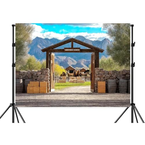 Wathon Southwest Country Ranch Backdrop for Photography Western Cowboy Photo Backdrop Retro Rustic Horses Mountain Texas Photo Background Booth Video Studio Props 5X3FT - color: Ranch Mountain, size: 5X3FT