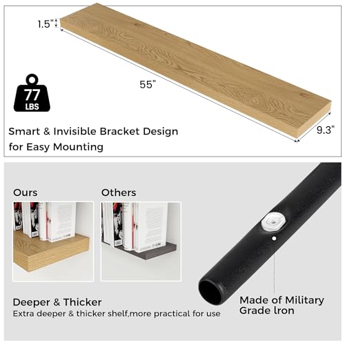 Venusmiles Floating Shelves for Wall, Engineered Wood Wall Shelves with Invisible Brackets for Living Room Bedroom Bathroom Office Kitchen Decor and Storage (Oak, 55" W x 9" D x 1.5" H) Set of 1 - color: Natural Oak, size: 55"W, Set of 1