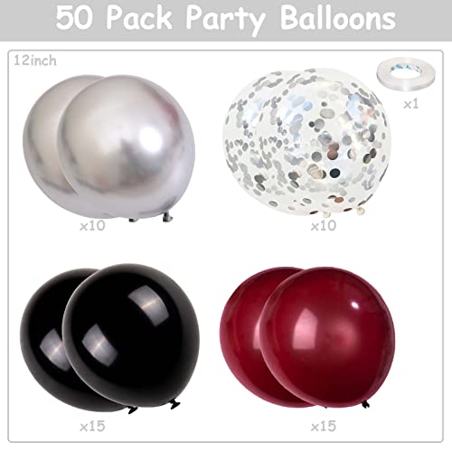 Balloons Burgundy Black Silver, Wine Red Black Party Balloon Maroon Metallic Chrome Silver Balloons and Silver Confetti Helium Latex Balloons for Birthday Bridal Shower Wedding Party Decorations - color: Burgundy