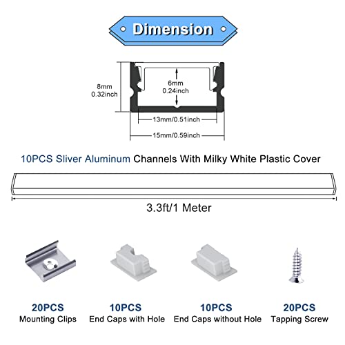 VST 10Pack 3.3 ft LED Aluminum Channel with Milky White Cover U Shape 15x8mm, Led Strip Light Track with End Caps and Mounting Clips Accessories, Aluminum Profile for Led Strip Lights - color: Silver & Milky, size: 3.3ft 10