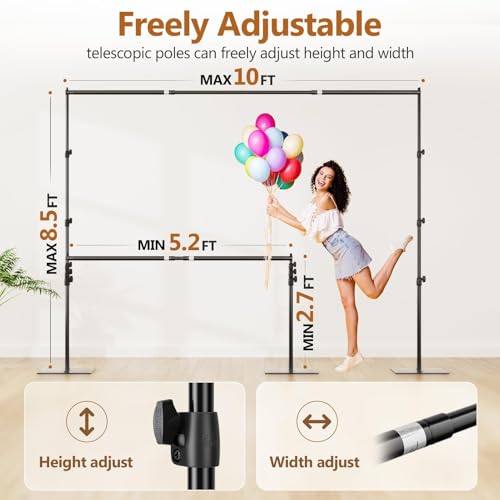 EMART Backdrop Stand, 8.5ft Height 10ft Width Adjustable Photography Background Support Poles with Heavy Duty Flat Base, Photo Metal Steel Pipe and Drape Frame Kit for Parties Birthday Wedding - Black - color: Black, size: 8.5x10ft
