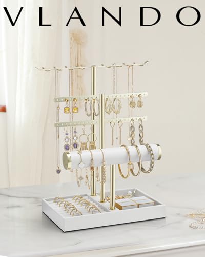 VLANDO 3 Tier Jewelry Stand Organizer with Tary, Leather Jewelry Holder Display for Women, Gold Jewlery Holder Display for Necklace, Earring, Bracelet, Rings - White - color: A. White, size: 3-Layer