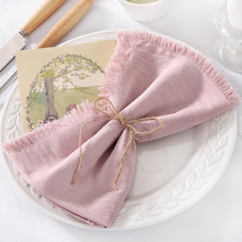 DeZerlor 6 Pack Pink Cotton Linen Napkins with Fringe Summer Cloth Napkins Set of 6 Boho Handmade Dinner Napkins Bulk for Wedding Bridal Baby Shower Parties, 17 x 17 Inches - color: Dusty Pink, size: 17" x 17" (Set of 6)