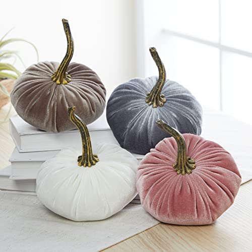 Set of 4 Small Velvet Pumpkins, autumn home decor, pink blush baby shower nursery girl, teen bedroom, elegant gift set for mom, office decor for her, wedding centerpiece (Blush, Ivory, Taupe, Gray) - color: Blush, Ivory, Taupe, Gray