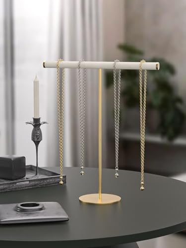 Coward T-Bar Necklace Organizer Stand, Velvet Necklace Bracelet Holder Stand with Metal Base, Hanging Jewelry Display Organizer for Women Girls (Gold 1.6cm thickness tube) - color: Gold, size: 1.6cm tube